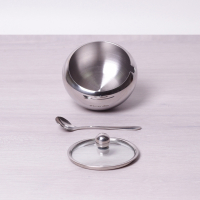 Нарушена упаковка! <309563> Сахарница 460мл из нержавеющей стали с ложечкой и стеклянной крышкой Kamille 7002