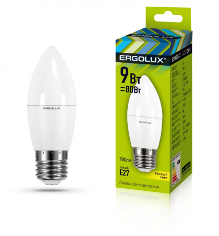 Светодиодная лампа E27 9W 3000K (теплый) Ergolux LED-C35-9W-E27-3K (13170) 