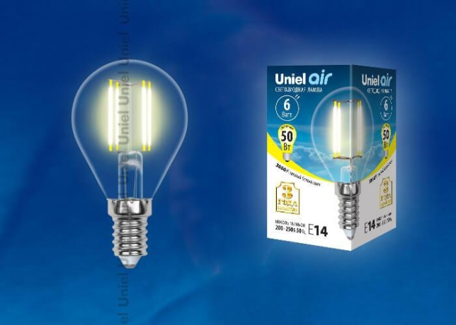 Филаментная лампа E14 6W 3000K (теплый) Air Uniel LED-G45-6W-WW-E14-CL GLA01TR (UL-00002201) 