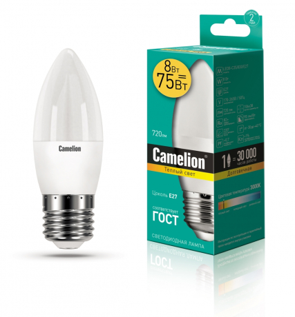 Светодиодная лампа E27 8W 3000К (теплый) C35 Camelion LED8-C35/830/E27 (12389) 