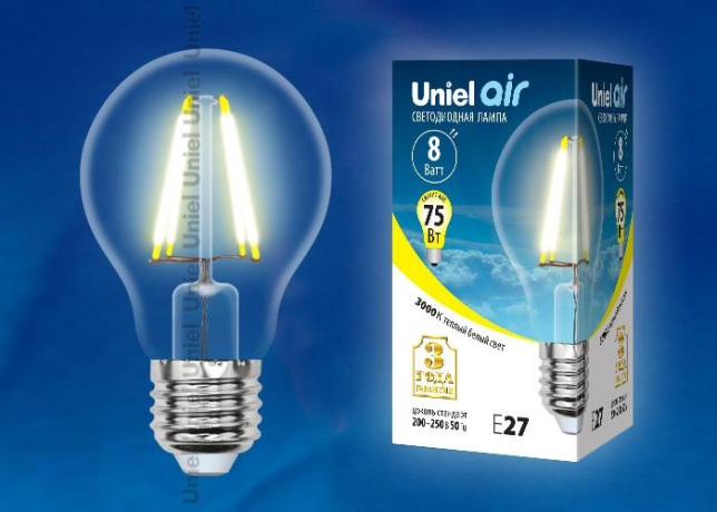 Филаментная светодиодная лампа E27 8W 3000К (теплый) Air Uniel LED-A60-8W-WW-E27-CL GLA01TR (UL-00002210) 