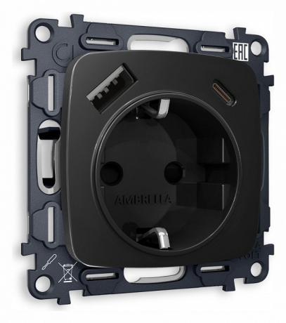 Розетка с заземлением и 2хUSB type A и C, без рамки Ambrella Volt OMEGA MO810010