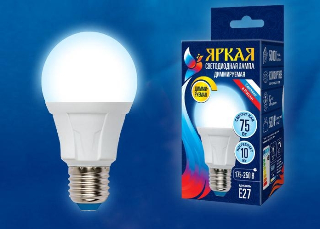 Диммируемая светодиодная лампа E27 10W 6500K (холодный) Uniel LED-A60 10W-6500K-E27-FR-DIM PLP01WH (UL-00004285) 