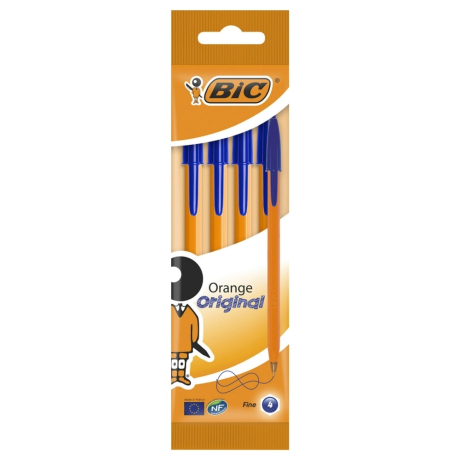 Нарушена упаковка! <375849> Ручки шариковые BIC "Orange Original Fine", НАБОР 4 шт., СИНИЕ, узел 0,8 мм, линия письма 0,3 мм, пакет, 8308521 (141308)