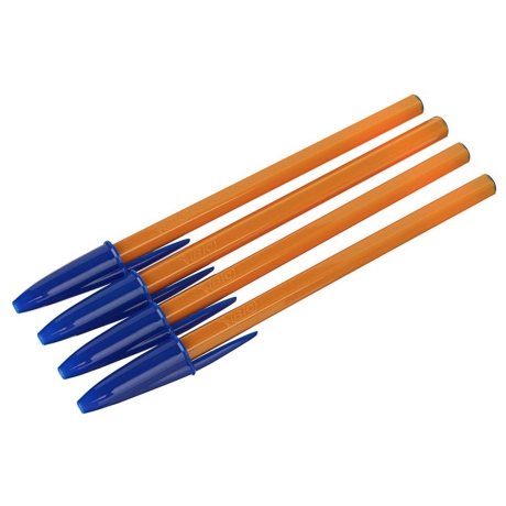 Нарушена упаковка! <375849> Ручки шариковые BIC "Orange Original Fine", НАБОР 4 шт., СИНИЕ, узел 0,8 мм, линия письма 0,3 мм, пакет, 8308521 (141308)