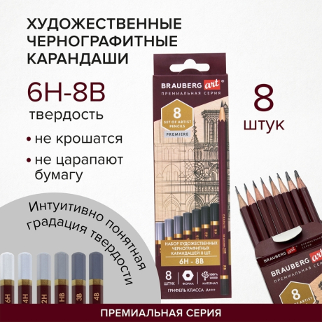 Нарушена упаковка!  <375922> Карандаши чернографитные профессиональные 6H-8B НАБОР 8 штук, BRAUBERG ART "PREMIERE", 181892 (181892)