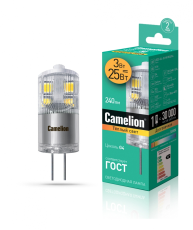 Светодиодная лампа G4 3W 3000K (теплый) JD Camelion LED3-G4-JD-NF/830/G4 (13862) 
