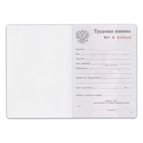Нарушена упаковка! <226277> Бланк документа "Трудовая книжка", 88х125 мм, ГОЗНАК (121229)
