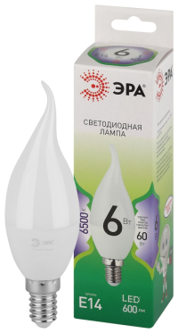 Лампочка светодиодная ЭРА GREEN LINE LED BXS-6W-865-E14 GL E14 6 Вт свеча на ветру холодный свет Б0067113