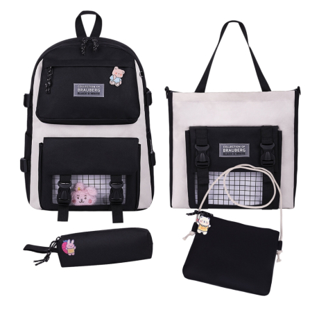 Рюкзак BRAUBERG COMBO, сумка-шоппер, косметичка, пенал В ПОДАРОК, черный/белый, 42х30х14 см, 271659 (271659)