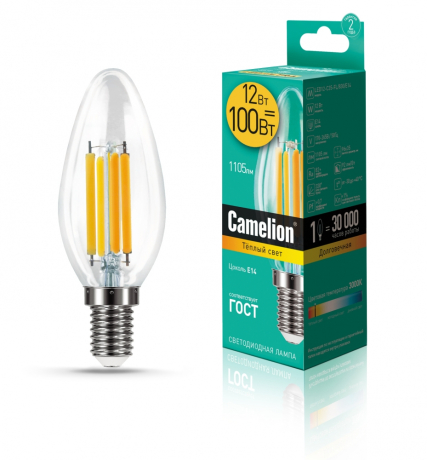 Светодиодная лампа E14 12W 3000К (теплый) C35 Camelion LED12-C35-FL/830/E14 (13708) 