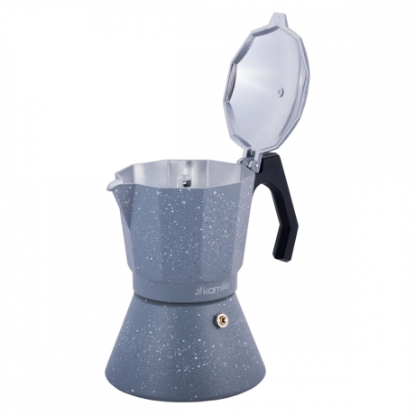 Нарушена упаковка! <309355> Кофеварка гейзерная 450мл (9 порций) из алюминия с широким индукционным дном (серый мрамор) Kamille 2518GR