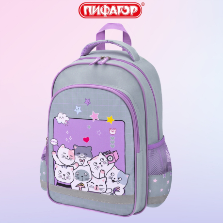 Нарушена упаковка!  <796355> Рюкзак ПИФАГОР SCHOOL, 1 отделение, 3 кармана, "Cats selfie", 38x28х14 см, 273165