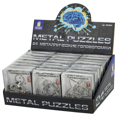 Нарушена упаковка!  <604088> Головоломка металлическая большая ЗОЛОТАЯ СКАЗКА, 24 вида, в дисплее, разные уровни сложности, 664924 (664924)