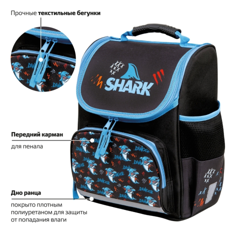 Нарушена упаковка! <722862> Ранец ПИФАГОР BASIC, 1 отделение, 3 кармана, эргономичная спинка, "Angry shark", 35х28х18 см, 272044