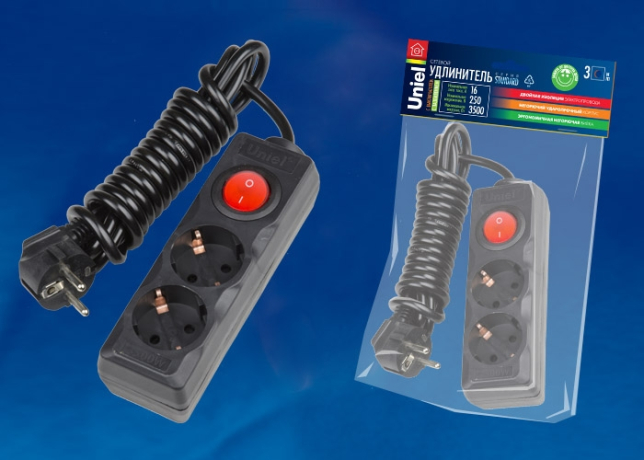 Удлинитель шнур 3м 2 гнезда с/з Uniel Standart S-GCD2-3B BLACK (UL-00003607)
