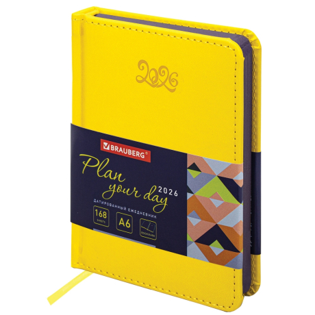 Нарушена упаковка!  <795267> Ежедневник датированный 2026, МАЛЫЙ ФОРМАТ 100х150 мм, А6, BRAUBERG "Rainbow", под кожу, желтый, 117258