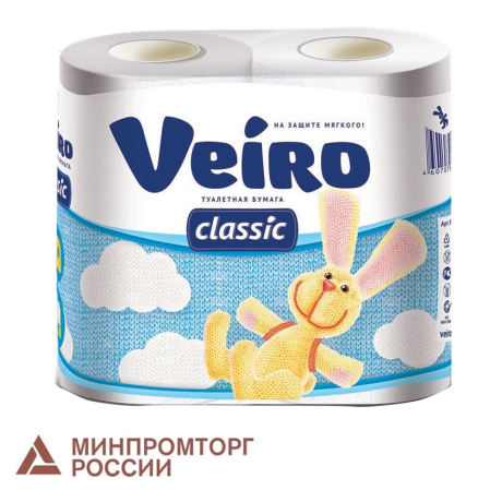 Нарушена упаковка! <199354> Бумага туалетная бытовая, спайка 4 шт., 2-х слойная (4х17,5 м), VEIRO Classic (Вейро), белая, 5с24 (123208)