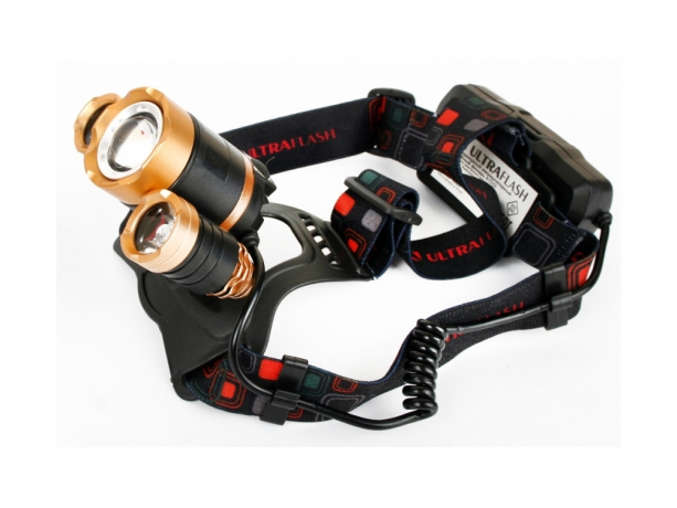 Нарушена упаковка. <248521> Ultraflash E1333 (фонарь налоб акк 3,7В, золот /черн, 3LED, 4 Ватт, фокус, 2 ак 4 реж, метал., бокс) 13903