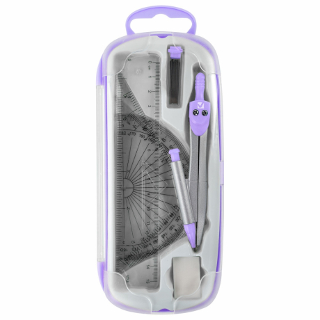 Нарушена упаковка!  <795883> Готовальня BRAUBERG SCHOOL KIT, 9 предметов, циркуль 125 мм, чертежные принадлежности, лаванда, 210713