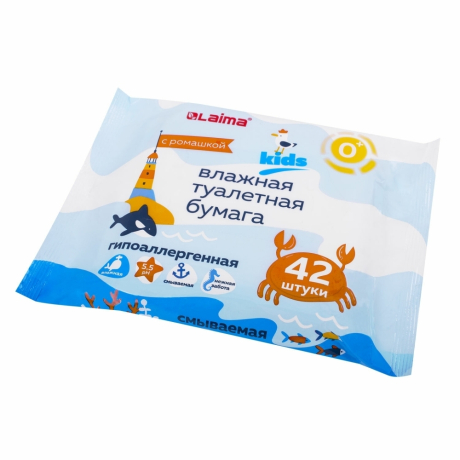 Нарушена упаковка! <652416> Бумага туалетная влажная детская 42 шт., БИОРАЗЛАГАЕМАЯ, смываемая, LAIMA Kids, 115223 (115223)