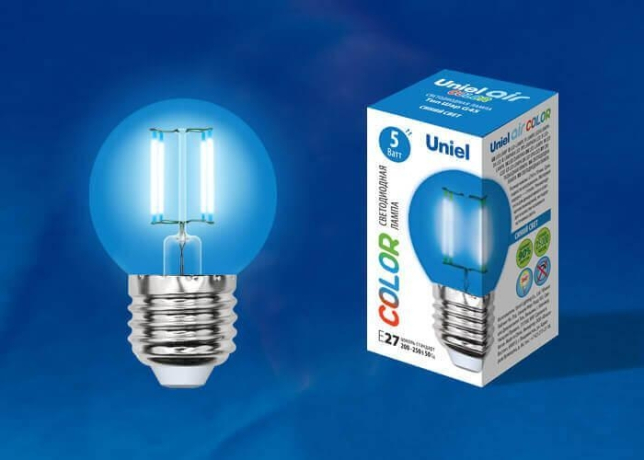 Лампа светодиодная E27 5W шар синий Uniel Air color LED-G45-5W/BLUE/E27 GLA02BL картон (UL-00002990) 