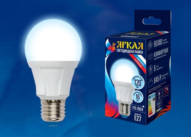 Светодиодная лампа E27 16W 6500K (холодный) Uniel LED-A60 16W-6500K-E27-FR PLP01WH (UL-00005035) 