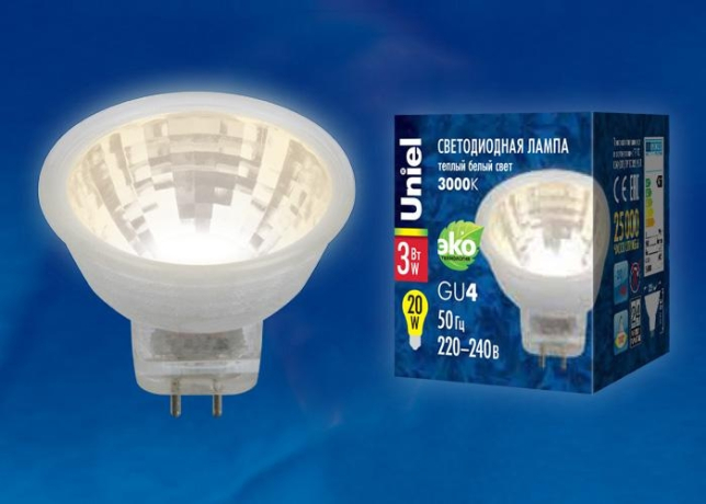 Лампа светодиодная GU4 3W 3000K (теплый белый) Uniel LED-MR11-3W/WW/GU4/220V GLZ21TR (UL-00001702) 