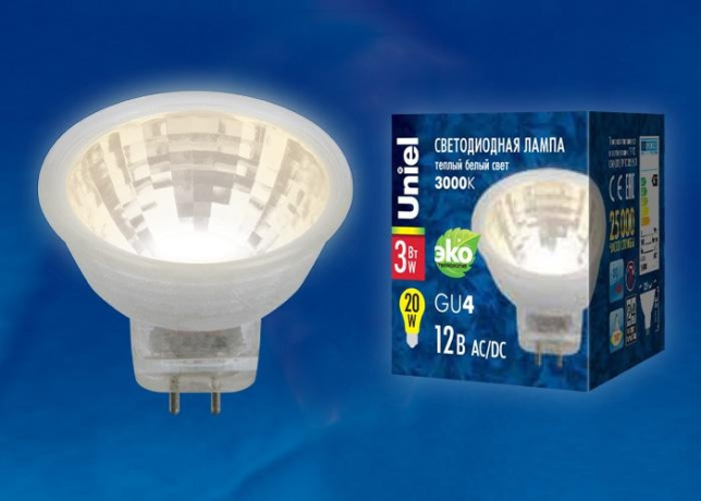 Лампа светодиодная GU4 3W 3000K (теплый белый) Uniel LED-MR11-3W/WW/GU4 GLZ21TR (UL-00001700) 