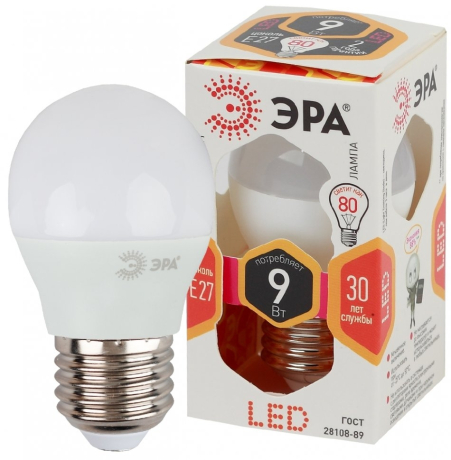 Лампа светодиодная ЭРА E27 9W 2700K матовая LED P45-9W-827-E27 Б0029043 