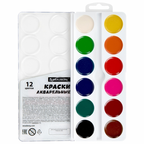 Нарушена упаковка!  <757459> Краски акварельные BRAUBERG 12 цветов "Футбол", медовые, круглые кюветы, 192565