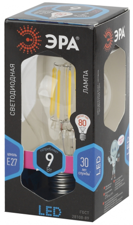 Лампа светодиодная филаментная ЭРА E27 9W 4000K прозрачная F-LED A60-9W-840-E27 Б0043434 